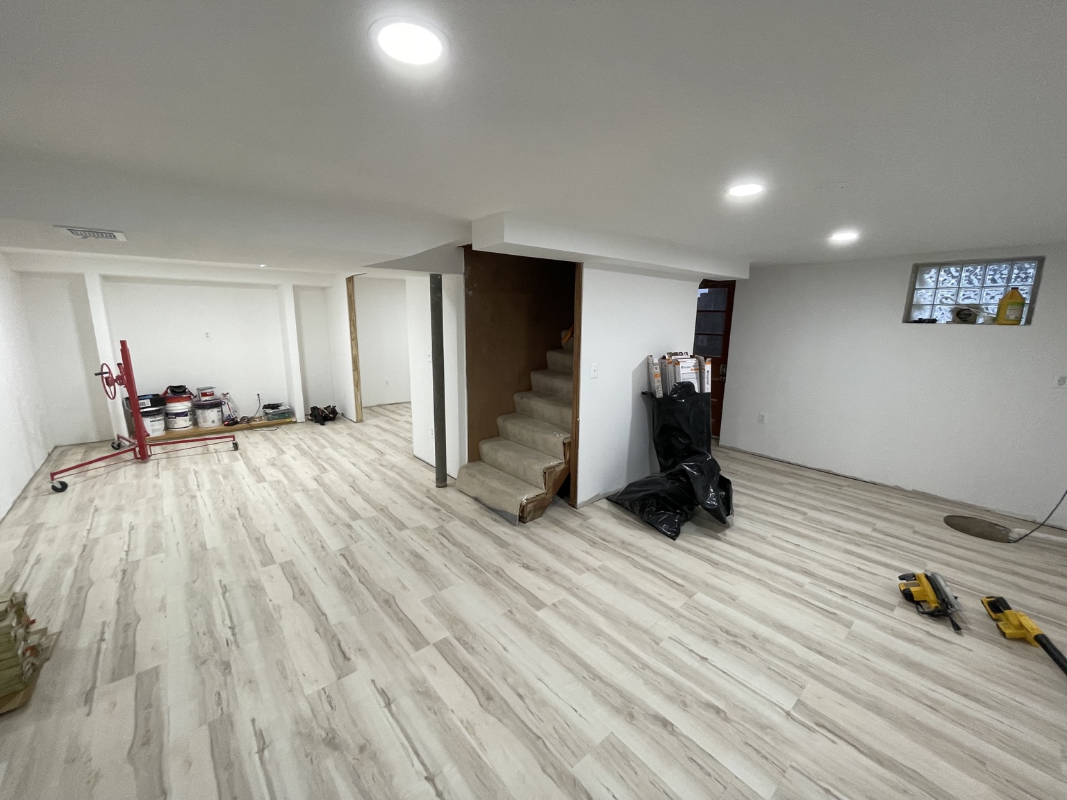 Basement flooring installation in progress